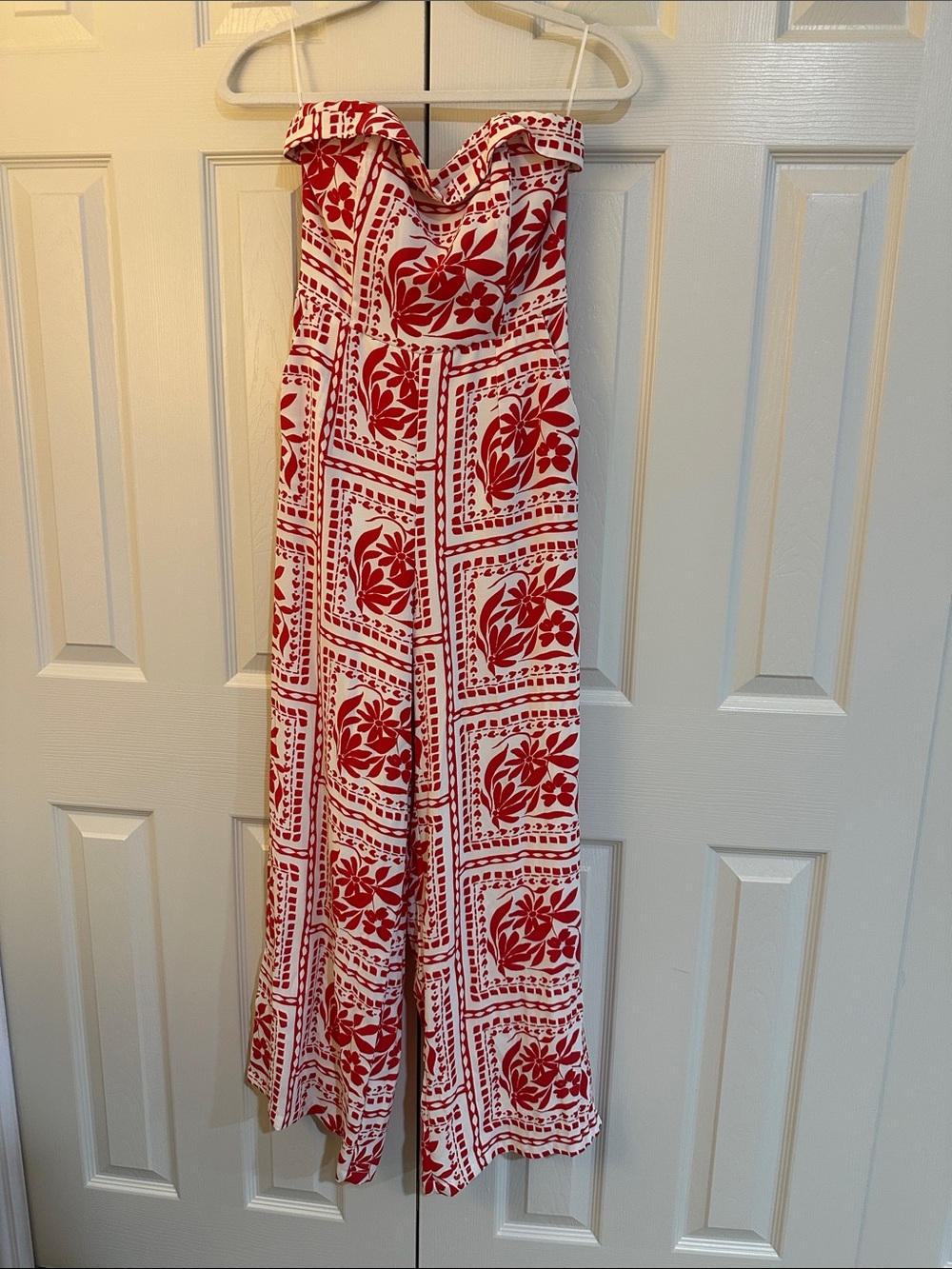 Red & White Strapless Wide-Leg Jumpsuit